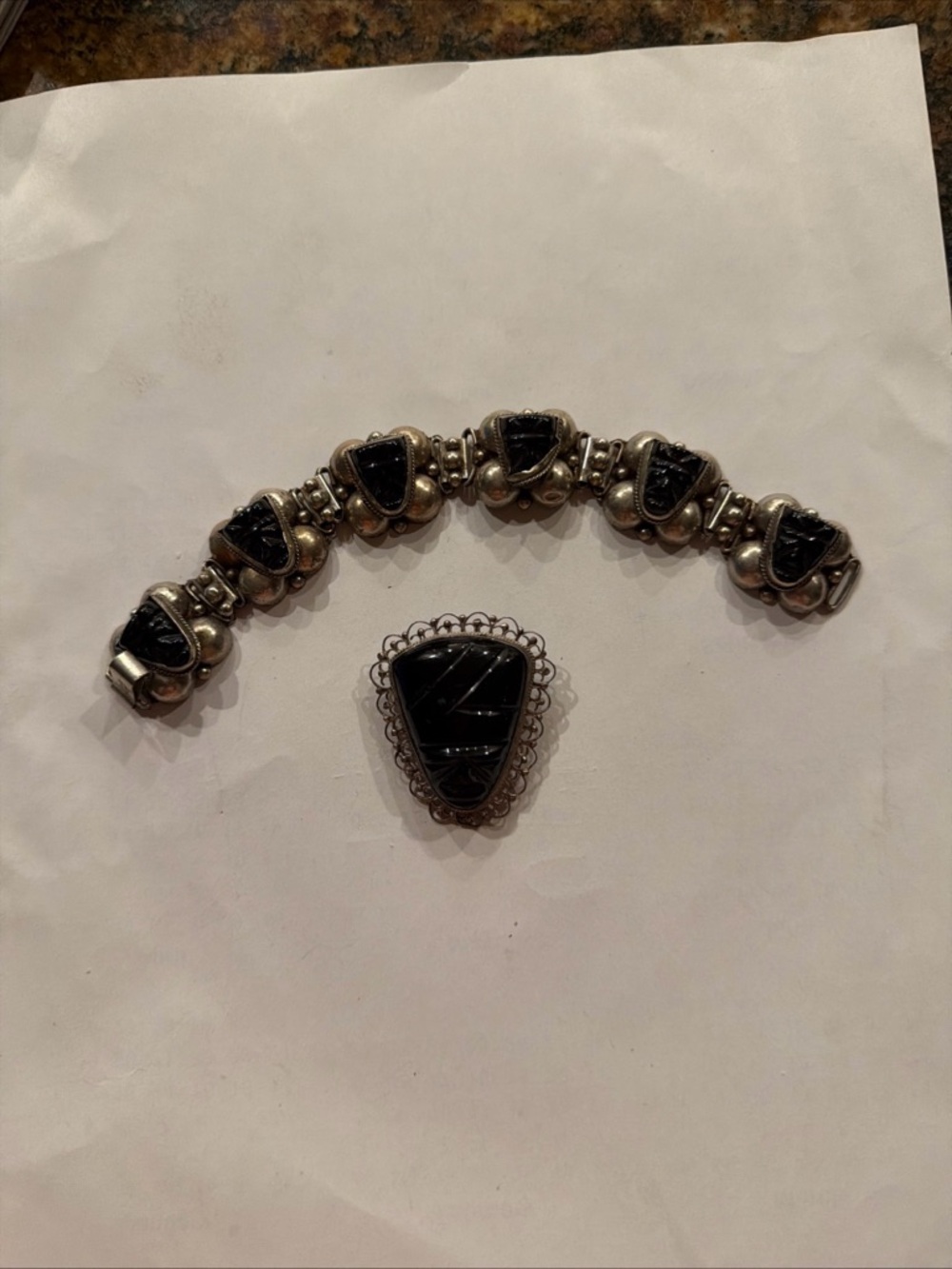 Silver-Tone Black Stone Link Bracelet with Matching Ring